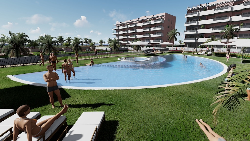 Gemeenschappelijk zwembad van nieuwbouw appartement in Guardamar Del Segura in Spanje, gelegen aan de  Costa Blanca-Zuid