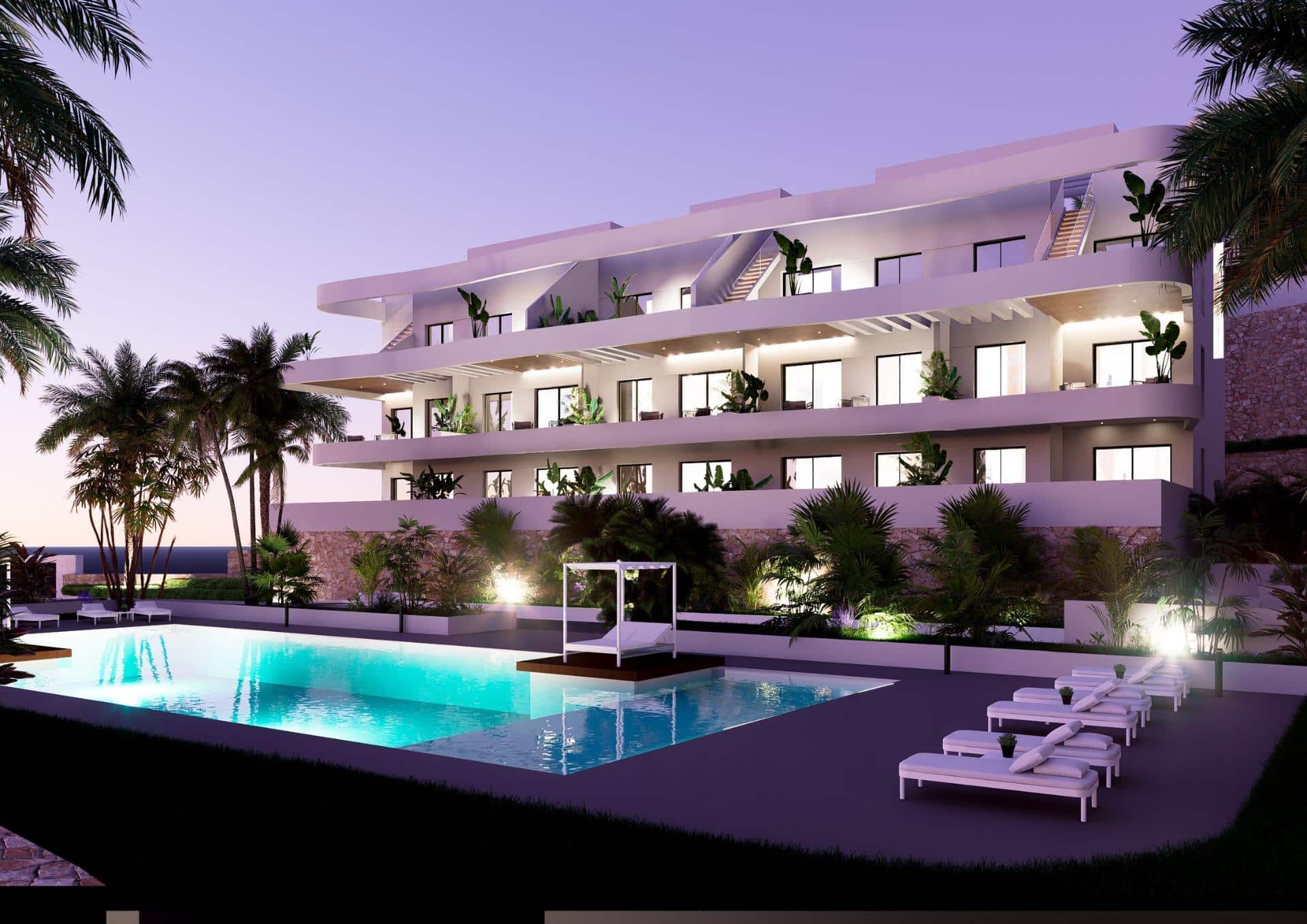 Gemeenschappelijk zwembad en vooraanzicht van nieuwbouw appartement in Finestrat in Spanje, gelegen aan de  Costa Blanca-Noord