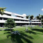 Gemeenschappelijke tuin en vooraanzicht van nieuwbouw appartement in Guardamar Del Segura in Spanje, gelegen aan de  Costa Blanca-Zuid