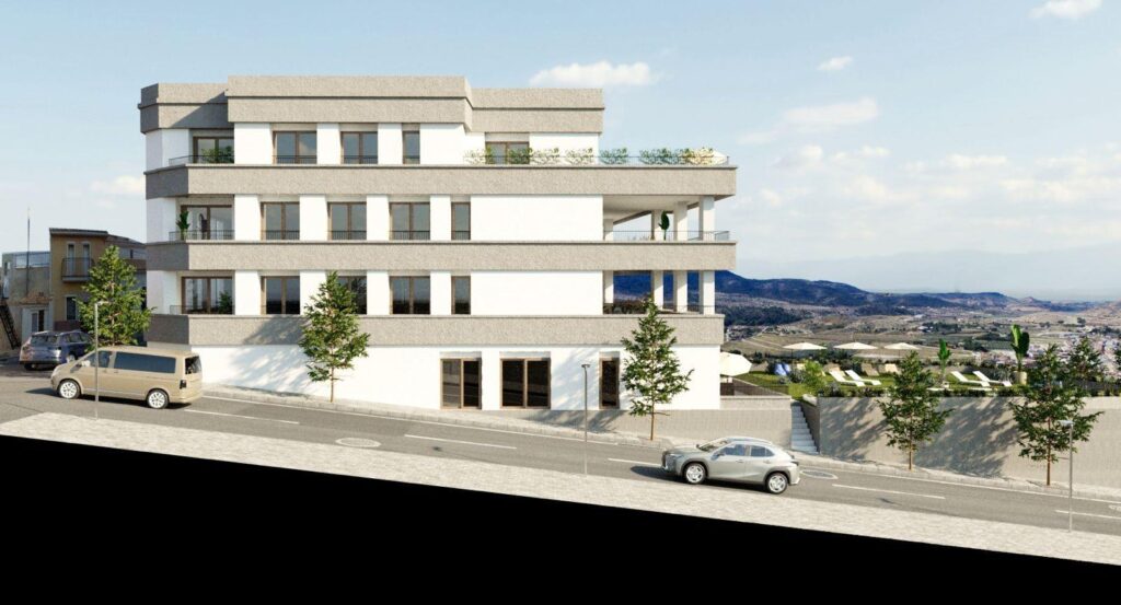Panoramisch zicht en vooraanzicht van nieuwbouw appartement in Hondon De Las Nieves in Spanje, gelegen aan de  Costa Blanca-Zuid