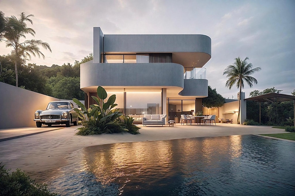 Zwembad en vooraanzicht van nieuwbouw villa in San Pedro Del Pinatar in Spanje, gelegen aan de  Costa Cálida