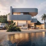 Zwembad en vooraanzicht van nieuwbouw villa in San Pedro Del Pinatar in Spanje, gelegen aan de  Costa Cálida