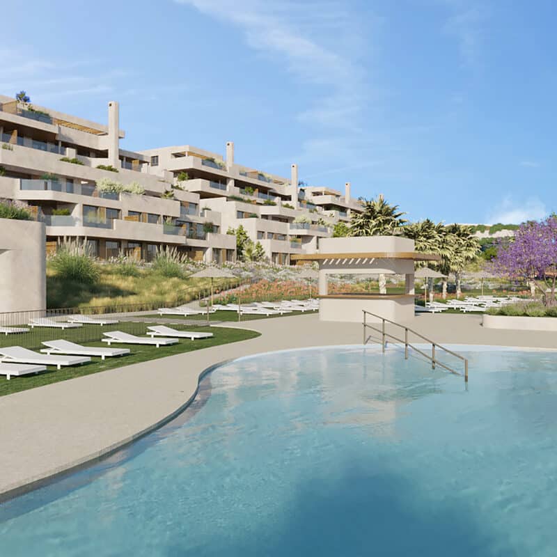 Gemeenschappelijk zwembad van nieuwbouw appartement in San Roque in Spanje, gelegen aan de  Costa del Sol-West