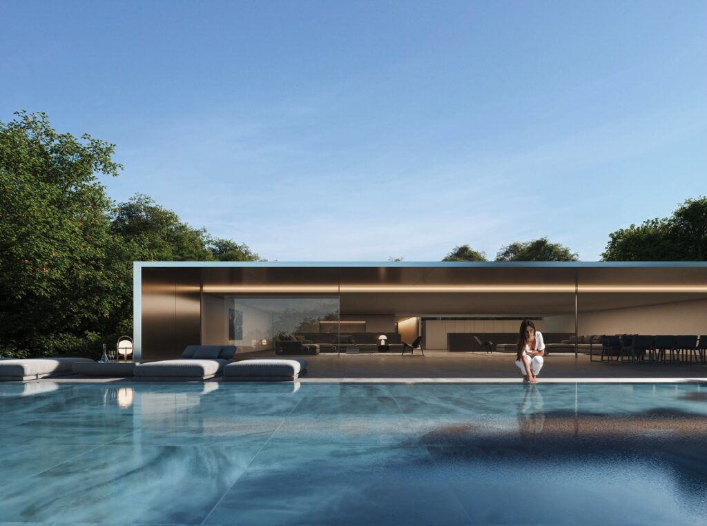 Zwembad en vooraanzicht van nieuwbouw villa in Sotogrande (11310) in Spanje, gelegen aan de  Costa del Sol-West