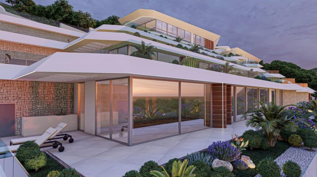 Terras en vooraanzicht van nieuwbouw appartement in Calpe in Spanje, gelegen aan de  Costa Blanca-Noord