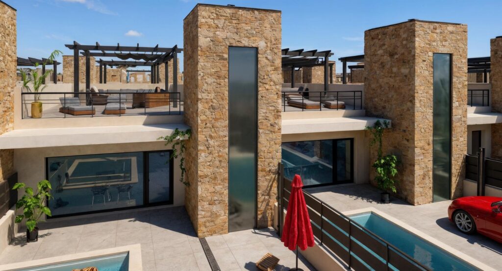 Vooraanzicht van nieuwbouw huis in Fuente Álamo de Murcia in Spanje, gelegen aan de  Costa Cálida