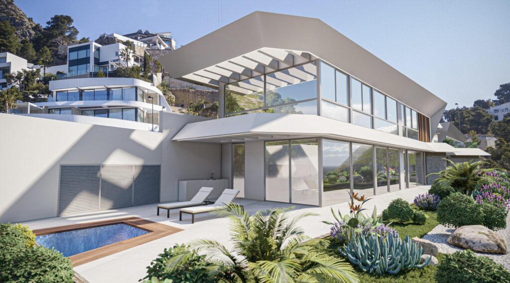 Terras en zwembad van nieuwbouw villa in Calpe in Spanje, gelegen aan de  Costa Blanca-Noord