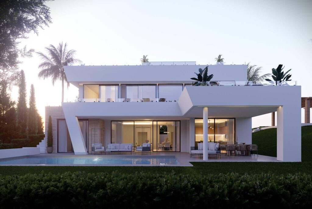 Vooraanzicht van nieuwbouw villa in Estepona in Spanje, gelegen aan de  Costa del Sol-West