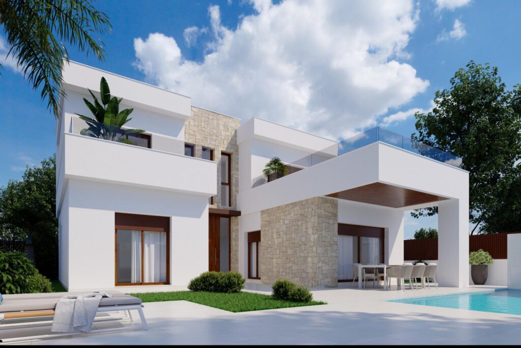 Vooraanzicht van nieuwbouw villa in Orihuela in Spanje, gelegen aan de  Costa Blanca-Zuid