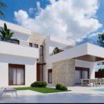 Vooraanzicht van nieuwbouw villa in Orihuela in Spanje, gelegen aan de  Costa Blanca-Zuid