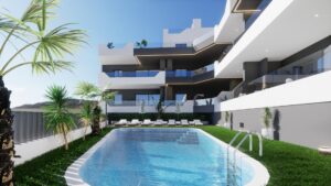 Nieuwbouw Project in Benijofar in Spanje, gelegen aan de Costa Blanca-Zuid Gemeenschappelijk zwembad en vooraanzicht van in Benijofar in Spanje, gelegen aan de Costa Blanca-Zuid