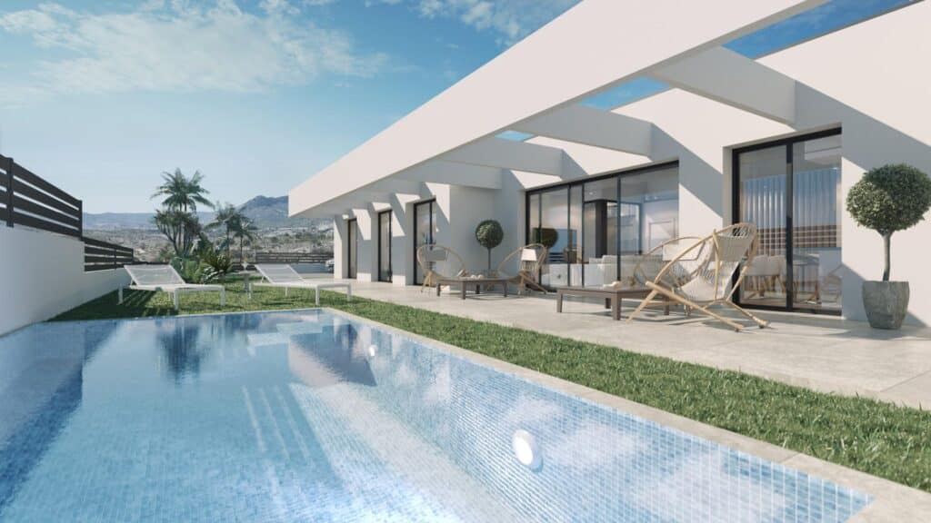 Terras en zwembad van in Finestrat in Spanje, gelegen aan de  Costa Blanca-Noord
