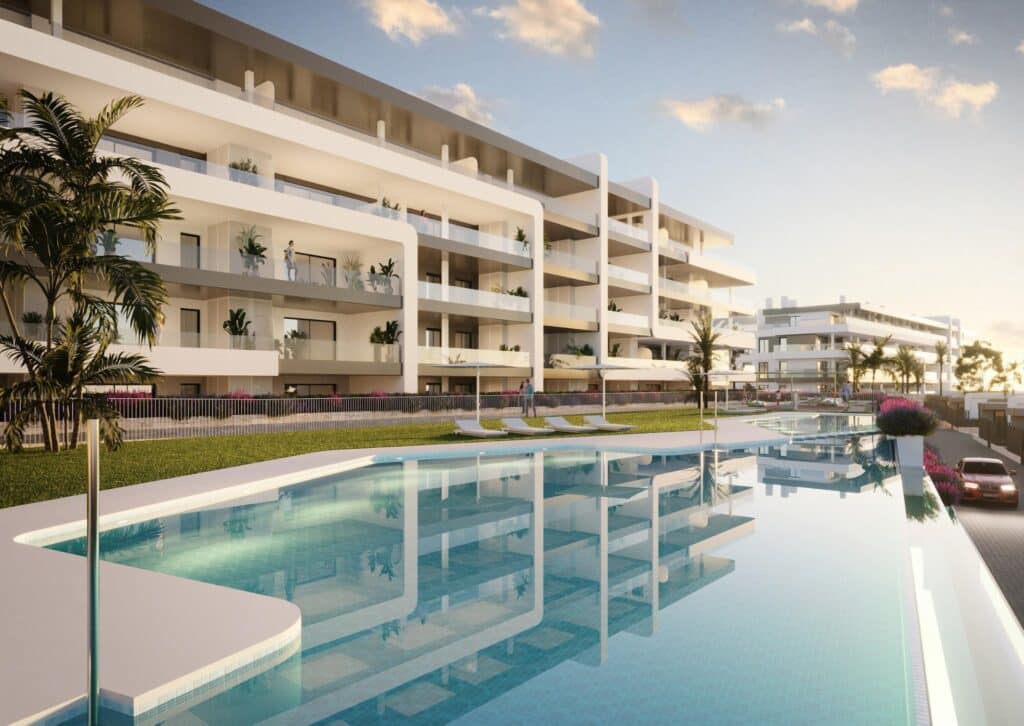 Gemeenschappelijk zwembad en vooraanzicht van in Mutxamel in Spanje, gelegen aan de  Costa Blanca-Noord