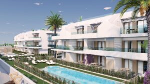 Nieuwbouw Project in Pilar De La Horadada in Spanje, gelegen aan de Costa Blanca-Zuid Gemeenschappelijk zwembad en vooraanzicht van in Pilar De La Horadada in Spanje, gelegen aan de Costa Blanca-Zuid
