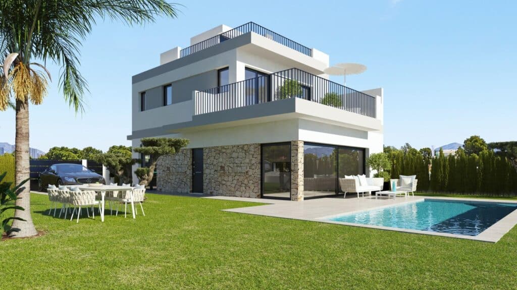 Zwembad en vooraanzicht van in San Miguel De Salinas in Spanje, gelegen aan de  Costa Blanca-Zuid