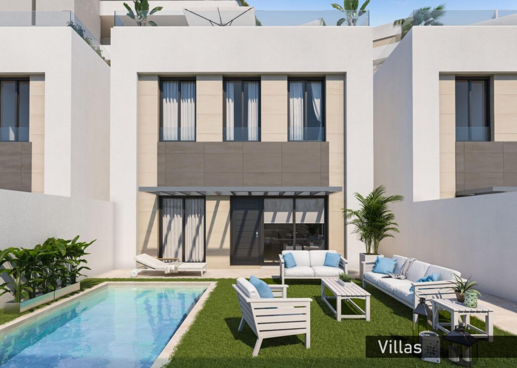 Zwembad en vooraanzicht van nieuwbouw villa in Aguilas in Spanje, gelegen aan de  Costa Cálida