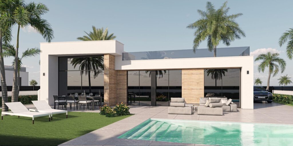 Terras en zwembad van nieuwbouw villa in Alhama de Murcia in Spanje, gelegen aan de  Costa Cálida