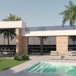 Terras en zwembad van nieuwbouw villa in Alhama de Murcia in Spanje, gelegen aan de  Costa Cálida