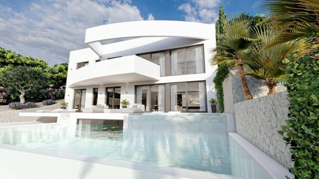 Zwembad en vooraanzicht van nieuwbouw villa in Altea in Spanje, gelegen aan de  Costa Blanca-Noord