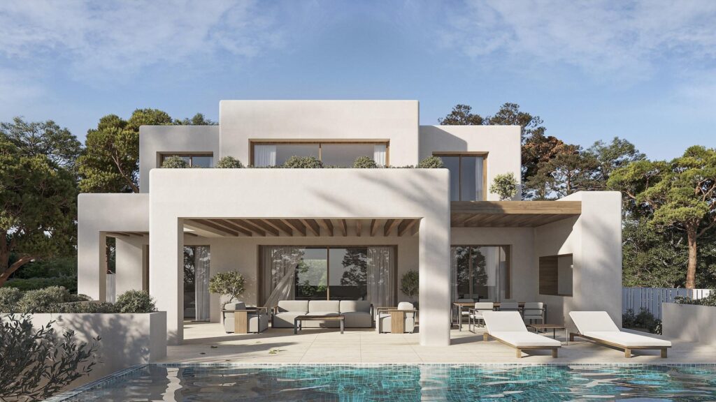 Terras en vooraanzicht van nieuwbouw villa in Benissa in Spanje, gelegen aan de  Costa Blanca-Noord