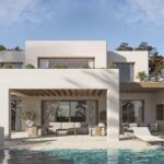 Terras en vooraanzicht van nieuwbouw villa in Benissa in Spanje, gelegen aan de  Costa Blanca-Noord