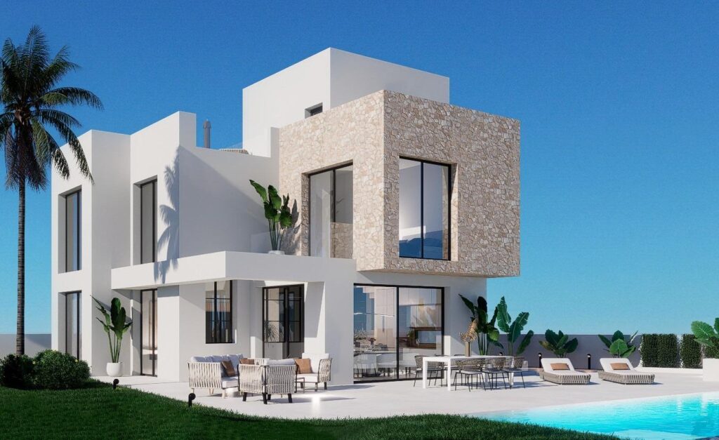 Terras en vooraanzicht van nieuwbouw villa in Finestrat in Spanje, gelegen aan de  Costa Blanca-Noord