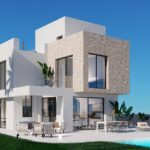 Terras en vooraanzicht van nieuwbouw villa in Finestrat in Spanje, gelegen aan de  Costa Blanca-Noord