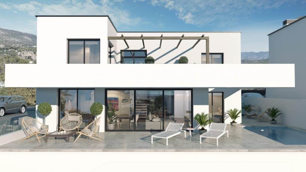 Terras en vooraanzicht van nieuwbouw villa in Finestrat in Spanje, gelegen aan de  Costa Blanca-Noord