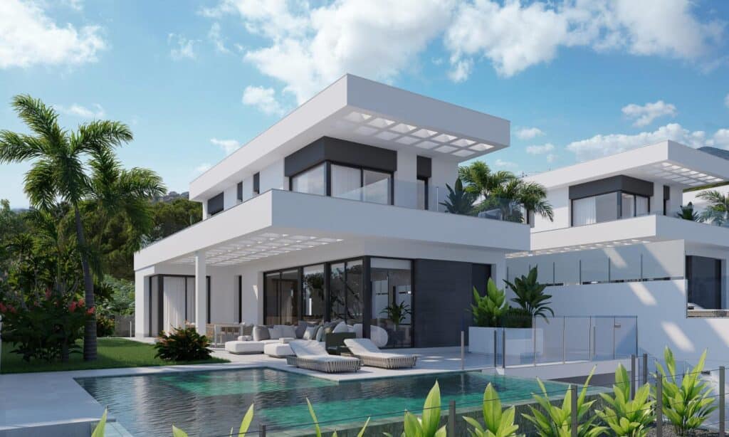 Zwembad en vooraanzicht van nieuwbouw villa in Finestrat in Spanje, gelegen aan de  Costa Blanca-Noord