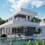 Zwembad en vooraanzicht van nieuwbouw villa in Finestrat in Spanje, gelegen aan de  Costa Blanca-Noord