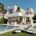 Zwembad en vooraanzicht van nieuwbouw villa in Finestrat in Spanje, gelegen aan de  Costa Blanca-Noord