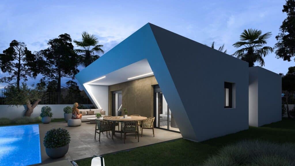 Terras en vooraanzicht van nieuwbouw villa in Hondon De Las Nieves in Spanje