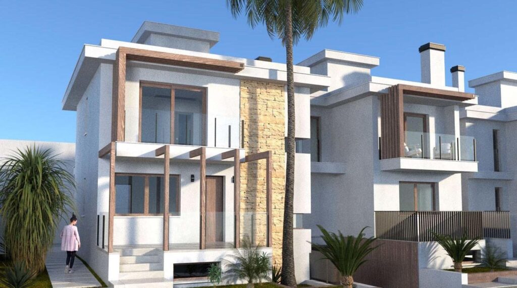 Vooraanzicht van nieuwbouw villa in Los Alcazares in Spanje, gelegen aan de  Costa Cálida
