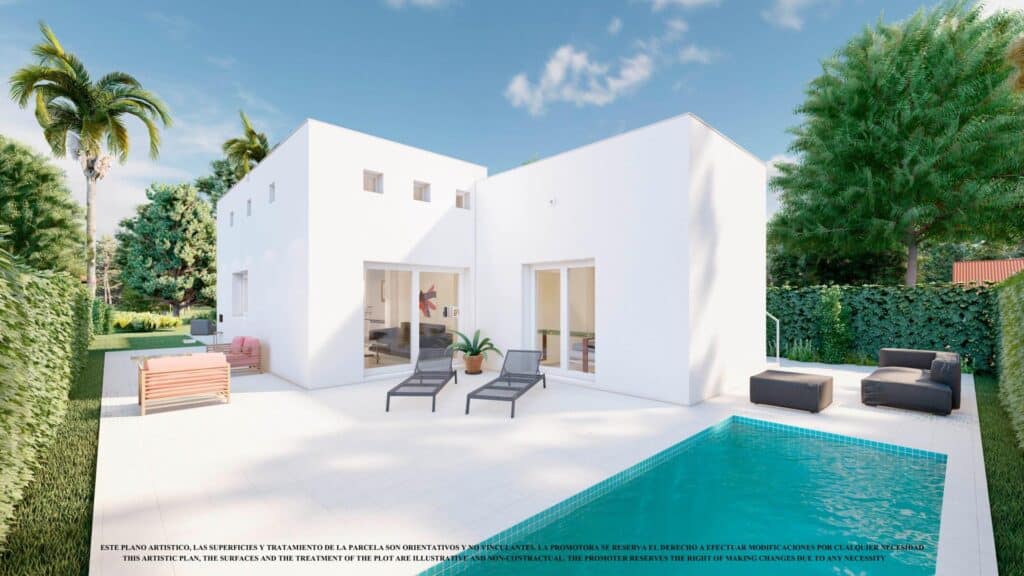 Terras en zwembad van nieuwbouw villa in Los Alcazares in Spanje, gelegen aan de  Costa Cálida