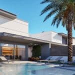 Zwembad en vooraanzicht van nieuwbouw villa in Los Nietos in Spanje, gelegen aan de  Costa Cálida