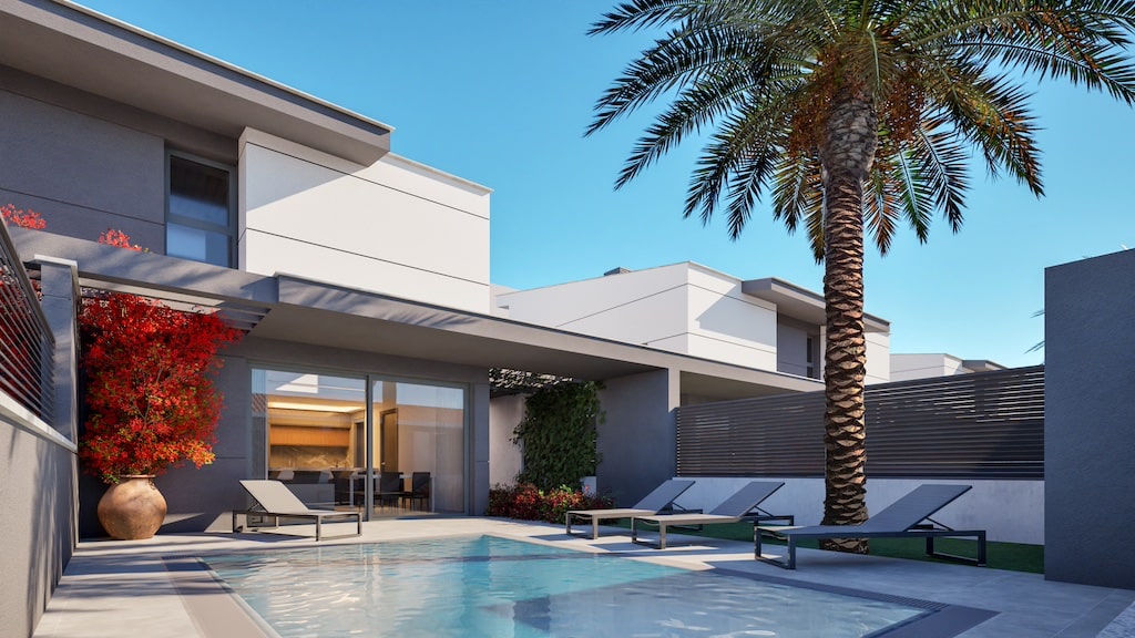 Zwembad en vooraanzicht van nieuwbouw villa in Los Nietos in Spanje, gelegen aan de  Costa Cálida