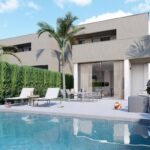 Zwembad en vooraanzicht van nieuwbouw villa in Los Urrutias in Spanje, gelegen aan de  Costa Cálida