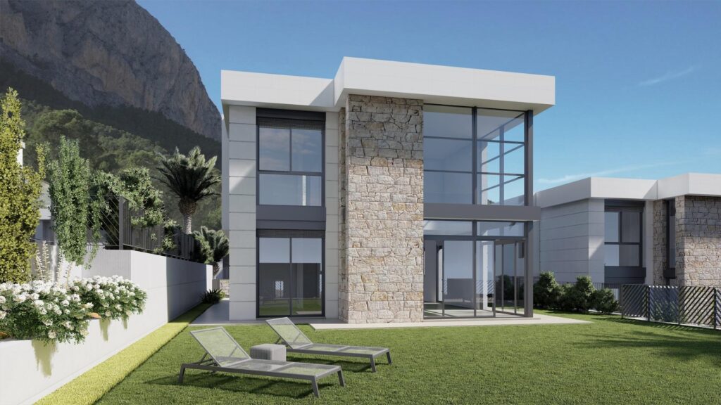 Tuin en vooraanzicht van nieuwbouw villa in Polop in Spanje, gelegen aan de  Costa Blanca-Noord