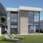 Tuin en vooraanzicht van nieuwbouw villa in Polop in Spanje, gelegen aan de  Costa Blanca-Noord