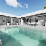 Zwembad en vooraanzicht van nieuwbouw villa in San Juan De Los Terreros in Spanje, gelegen aan de  Costa de Almería