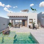 Zwembad en vooraanzicht van nieuwbouw villa in Torre-Pacheco in Spanje, gelegen aan de  Costa Cálida
