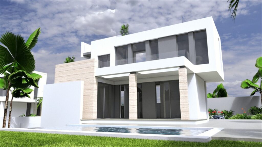 Zwembad en vooraanzicht van nieuwbouw villa in Torrevieja in Spanje, gelegen aan de  Costa Blanca-Zuid