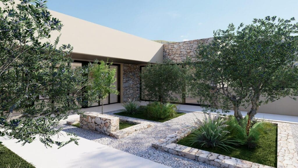 Tuin van nieuwbouw villa in Yecla in Spanje, gelegen aan de  Costa Cálida