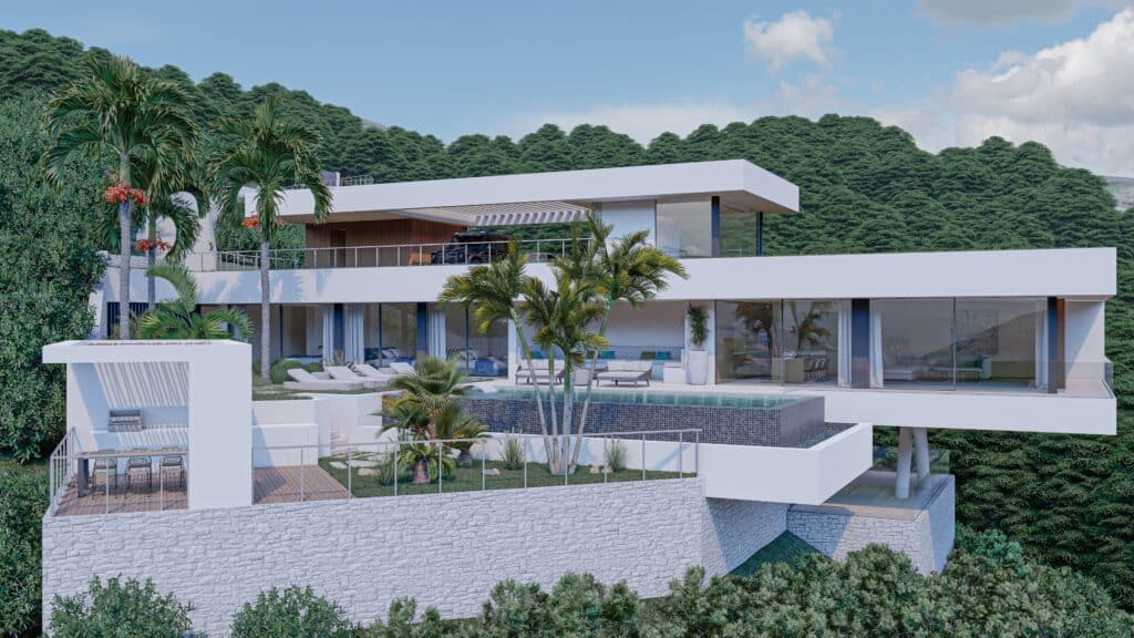 Vooraanzicht van nieuwbouw villa in Benahavis in Spanje, gelegen aan de  Costa del Sol-West