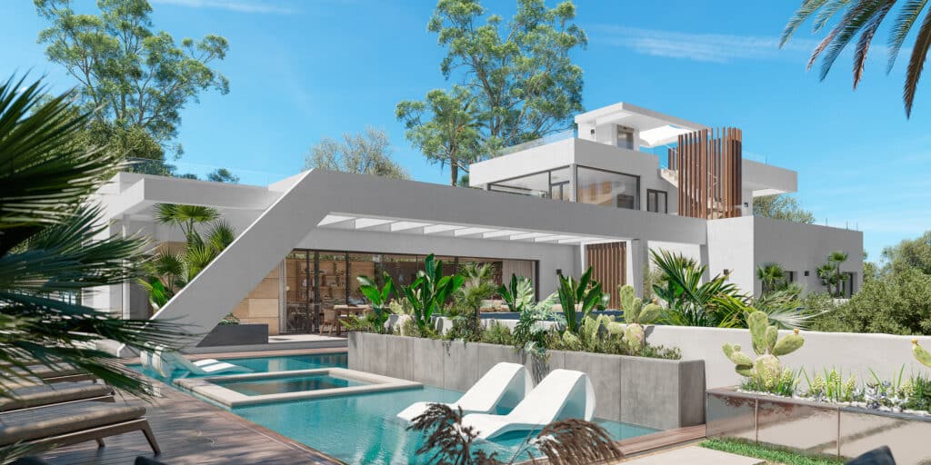 Zwembad en vooraanzicht van nieuwbouw villa in Nueva Andalucia in Spanje, gelegen aan de  Costa del Sol-West
