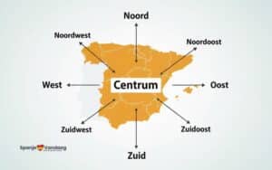Kaart van Spanje met pijlen vanuit het centrum richting de 4 windstreken