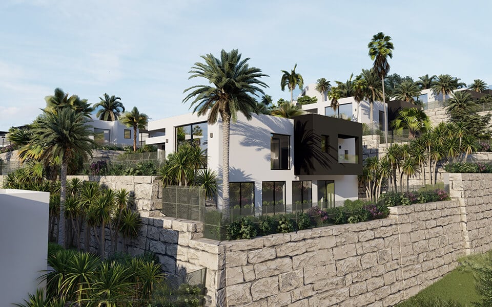 Vooraanzicht van nieuwbouw villa in Mijas in Spanje, gelegen aan de  Costa del Sol-Centro