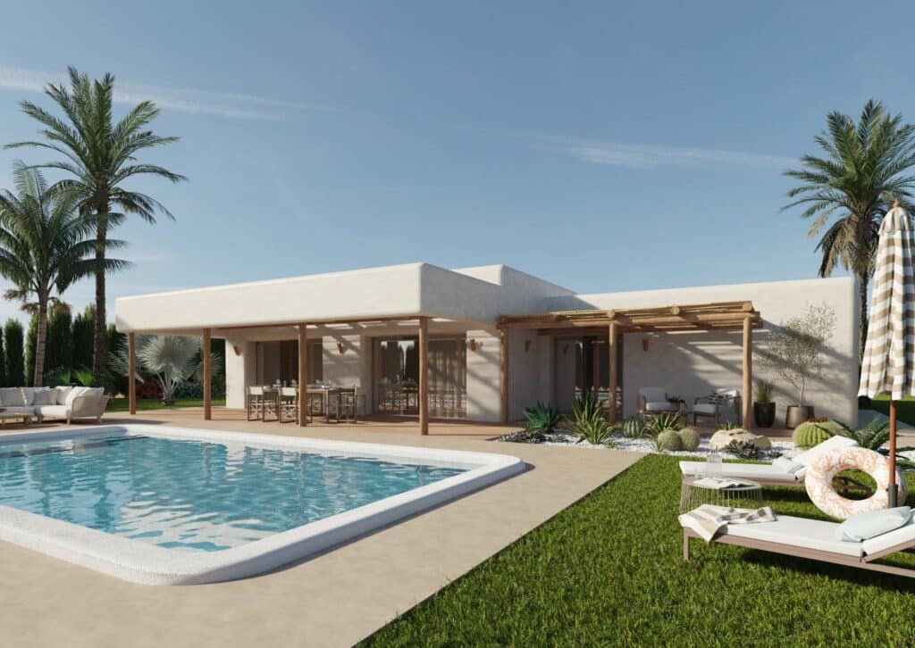 Terras en zwembad van nieuwbouw villa in Pinoso in Spanje, gelegen aan de  Costa Blanca-Zuid
