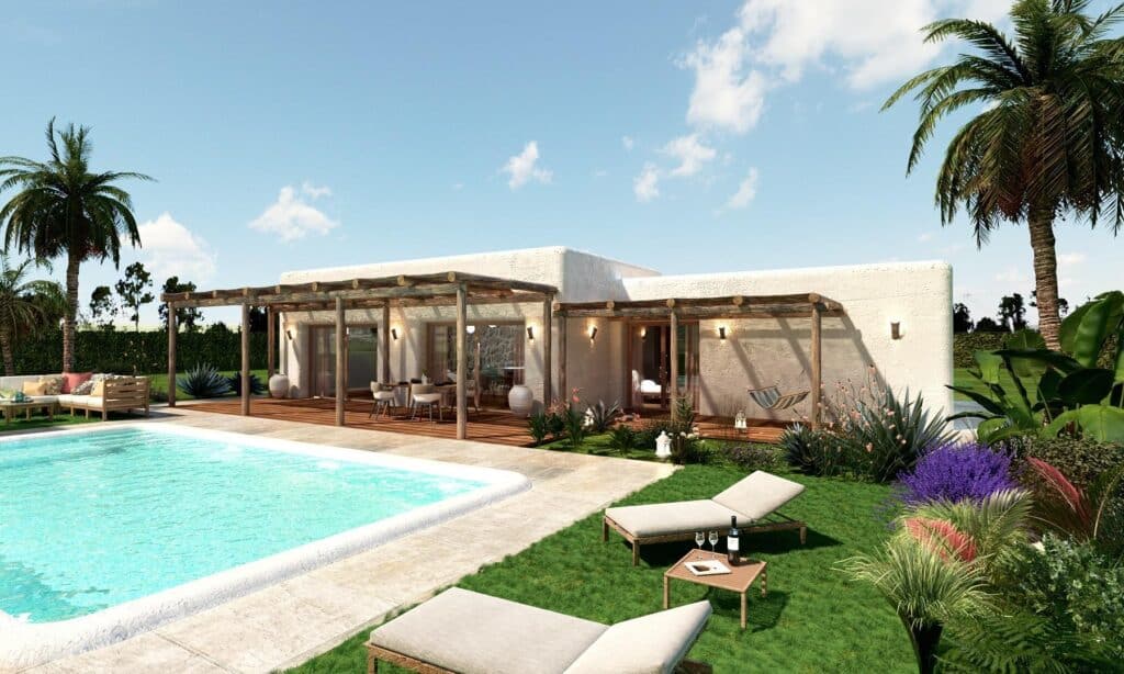 Terras en zwembad van nieuwbouw villa in Pinoso in Spanje, gelegen aan de  Costa Blanca-Zuid