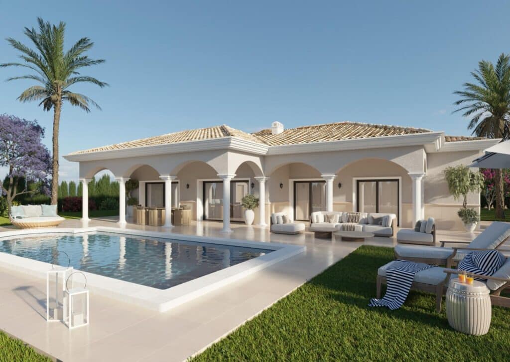 Terras en zwembad van nieuwbouw villa in Pinoso in Spanje, gelegen aan de  Costa Blanca-Zuid